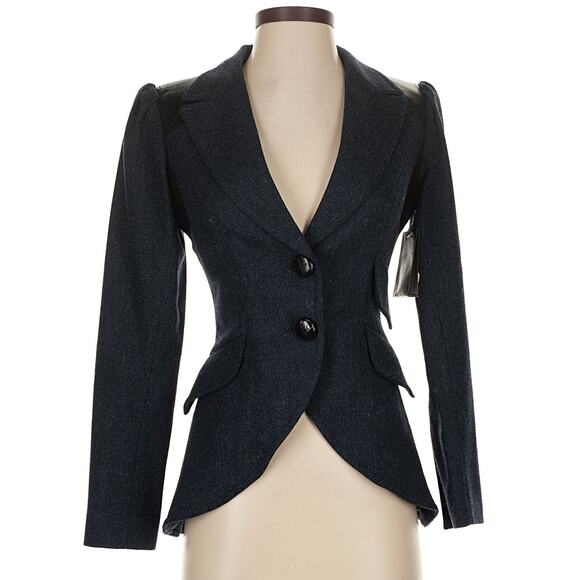 NWT Smythe Pouf Sleeve Equestrian Jacket Blazer Navy Wool Leather Patches Size 2 - Picture 2 of 8